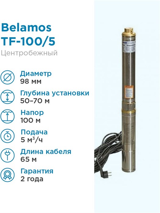 Насос погружной скважинный Belamos TF-100/5 5 м3/час, 83 л/мин, Н-100 м, d-96 мм, каб. 65 м. Насос для скважин 50-70м центробежный БЕЛАМОС - фото 5555